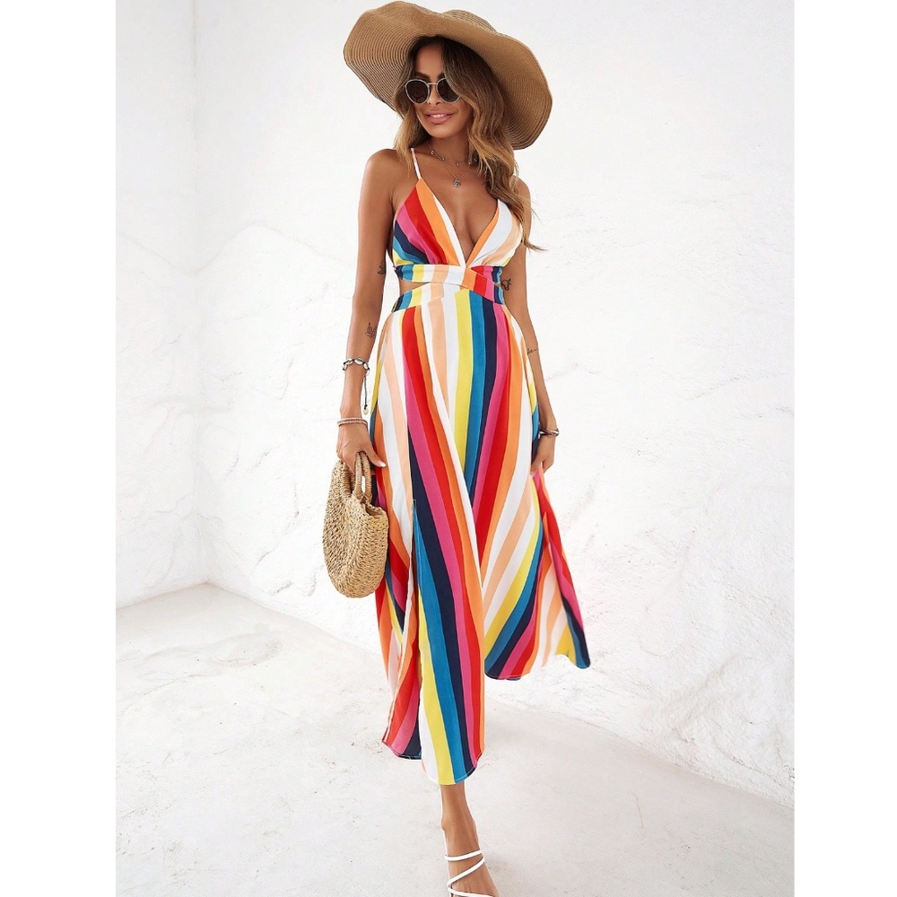 Striped Multicolor Backless Strappy V-Neck Maxi Dress Leg Slit - Picture 8 of 16